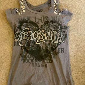 Aerosmith band t-shirt with cute studded slit sleeves